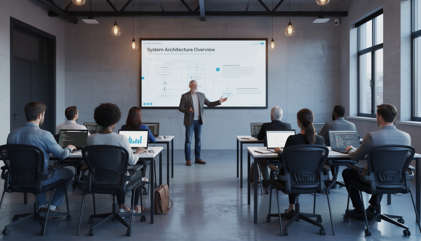 Grupo de profesionales en sesión de aprendizaje sobre herramientas digitales en aula moderna